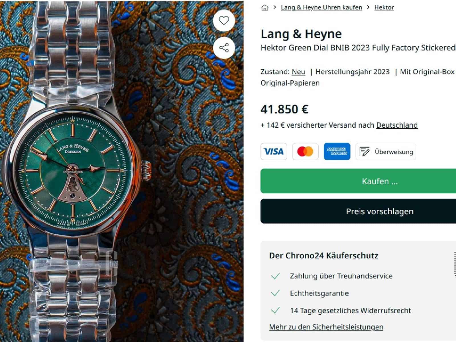 Lang & Heyne Hektor grün, Screenshot Chrono24 Dezember 2023