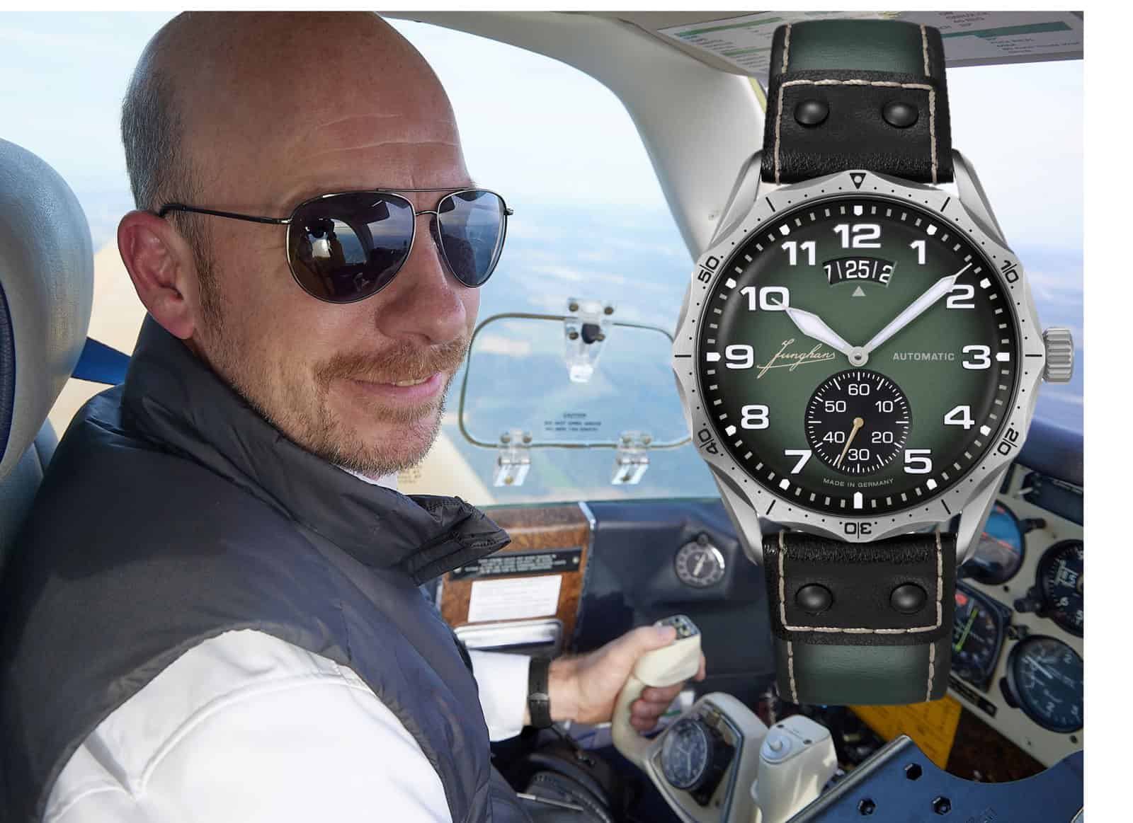Junghans CEO Hannes Steim im Cockpit und Junghans Pilot Automatic 27-4495.00