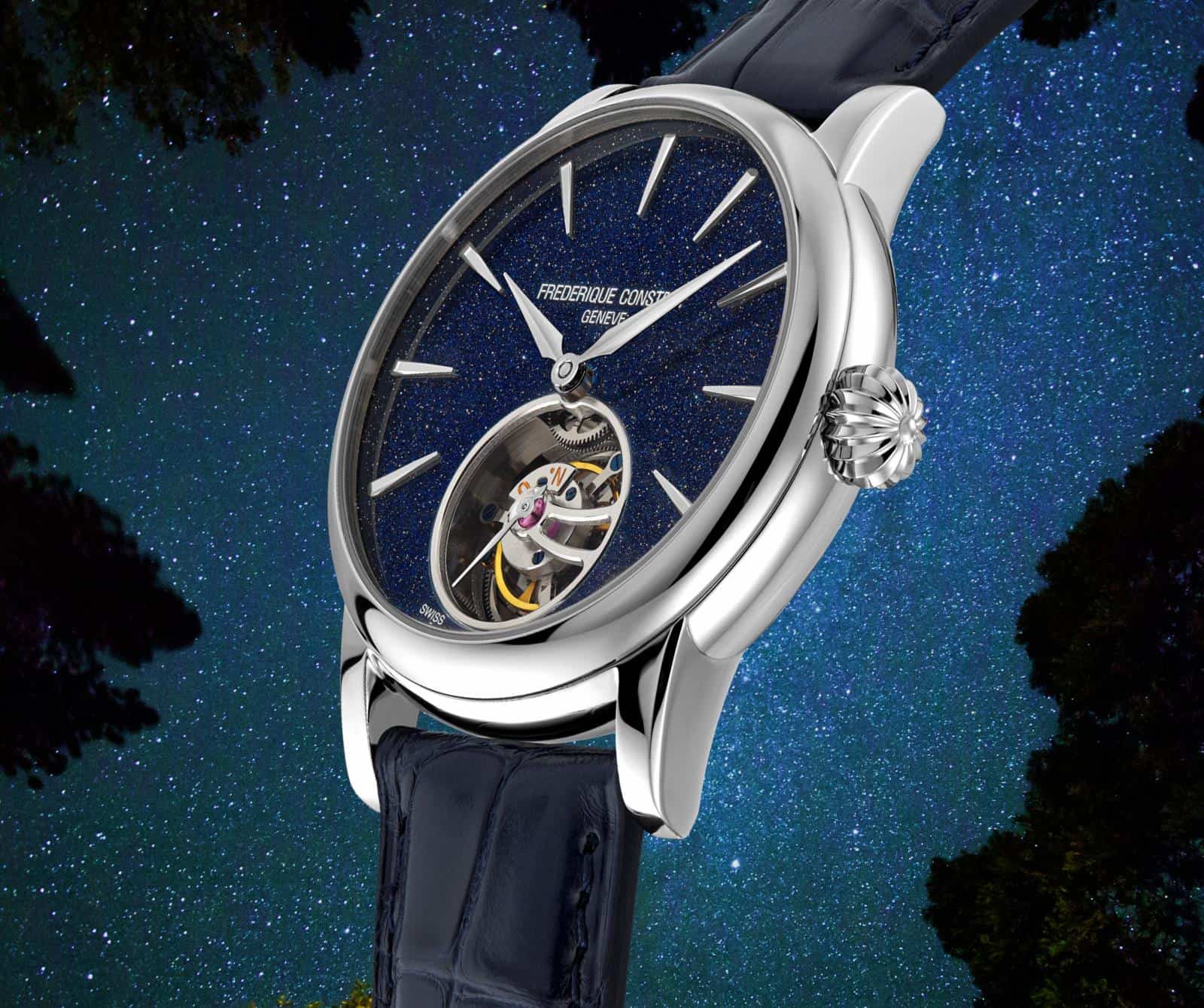 Seitliche Ansicht von Gehäuse und Zwiebelkrone Frederique Constant Tourbillon Aventurin