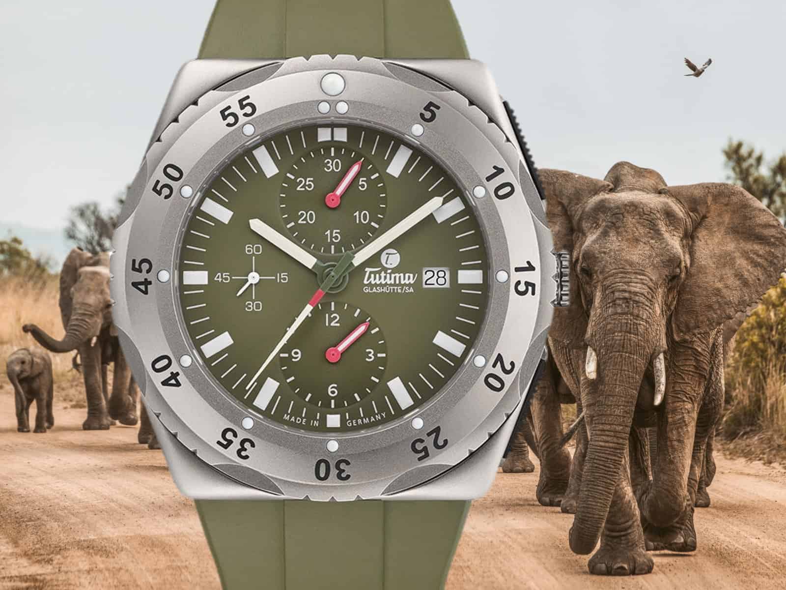 Khakifarbenes Zifferblatt der Mara Safari Chronograph Edition