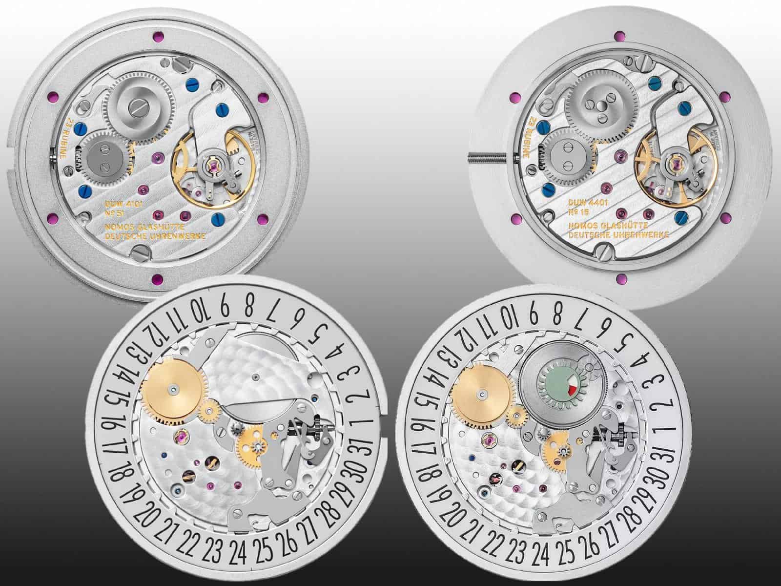 Nomos Kaliber DUW 4101 (links) und DUW 4401 (rechts) 